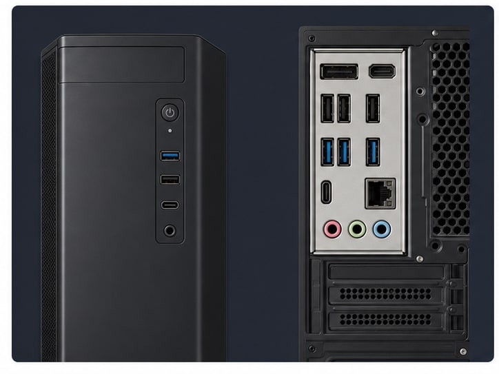 PC 케이스 전면 USB 포트와 메인보드 후면 I/O 포트를 비교하는 이미지