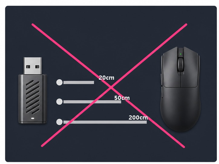 ATK 8K 수신기와 Viper V4 Pro 마우스 사이의 20cm, 50cm, 200cm 거리 차이가 큰 의미 없음을 보여주는 이미지