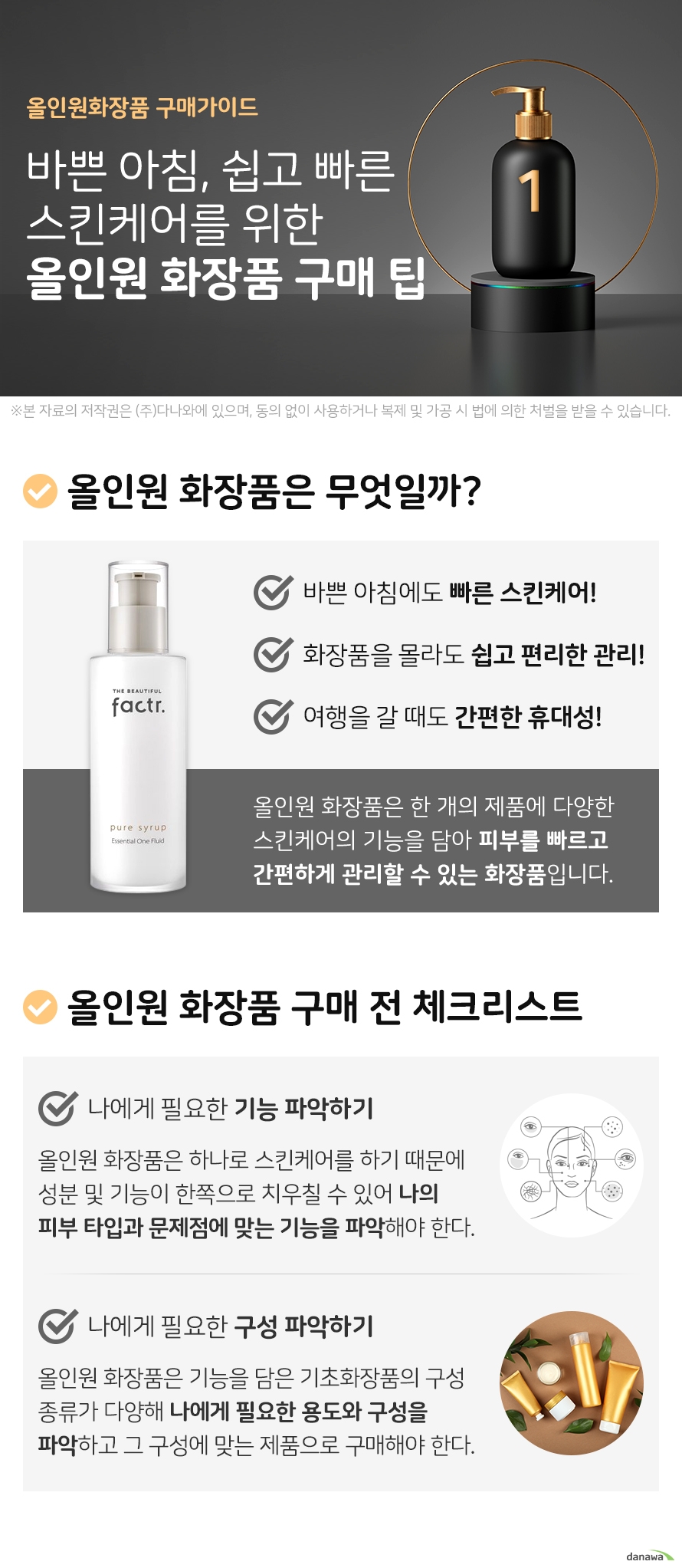 올인원화장품 구매가이드 바쁜 아침 쉽고 빠른 스킨케어를 위한 올인원 화장품 구매 팁 올인원 화장품은 무엇일까 바쁜 아침에도 빠른 스킨케어 화장품을 몰라도 쉽고 편리한 관리 여행을 갈 때도 간편한 휴대성 올인원 화장품은 하나의 제품에 스킨 로션 에센스 크림 등 다양한 기초화장품의 기능을 담은 것으로 한 제품에 여러 기능이 있어 피부를 간편하게 관리할 수 있는 화장품입니다 올인원 화장품 구매 전 체크리스트 나에게 필요한 기능 파악하기 올인원 화장품은 한 제품으로 여러 스킨케어의 역할을 하기 때문에 주요한 성분이나 기능이 한쪽으로 치우칠 수 있어 나의 피부 타입이나 문제점에 맞는 기능을 파악해야 합니다 나에게 필요한 구성 파악하기 올인원 화장품은 기능을 담은 기초화장품의 구성 종류가 다양하기 때문에 나에게 필요한 용도와 구성을 파악하고 그 구성에 맞는 제품으로 구매해야 합니다