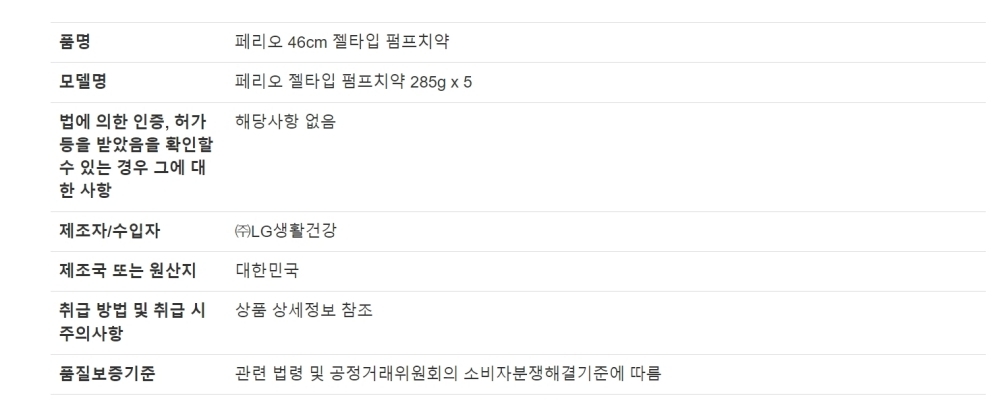  페리오 46cm 젤타입 펌프치약 - 285g x 5개 대용량 펌핑 치약   x 3상품공시정보이미지