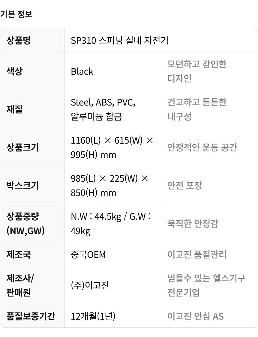 이고진 EGOJIN 이고진 SP310 블랙 스피닝 실내 자전거의 견고한 Steel 재질, 44.5kg 무게, 1160x615x995mm 크기 등 주요 사양과 1년 품질보증 정보를 상세히 담은 표입니다.