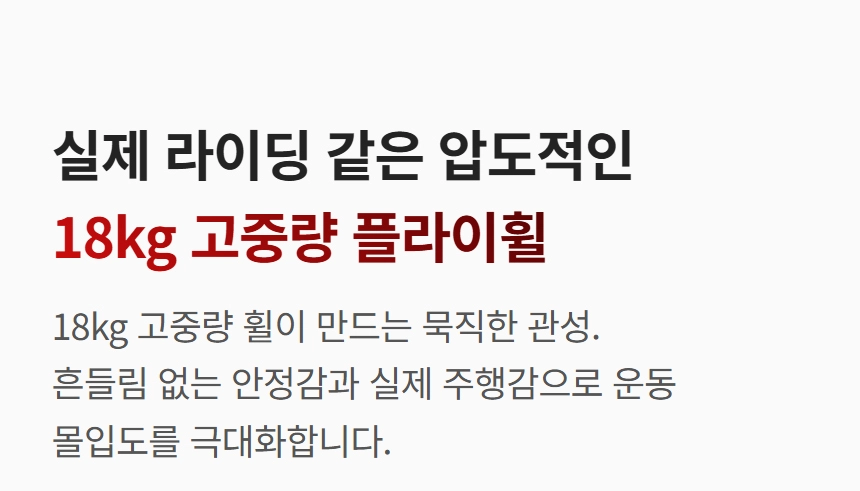 이고진 EGOJIN 이고진 스핀바이크의 실제 라이딩 같은 운동 몰입감을 선사하는 18kg 고중량 플라이휠의 특징과 흔들림 없는 안정성을 강조하는 텍스트 이미지.