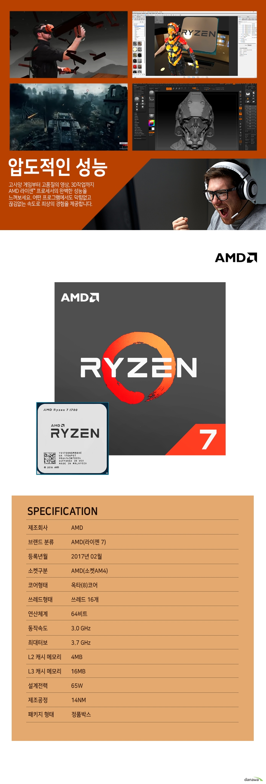 	  	          압도적인 성능                    고사양 게임부터 고품질의 영상 , 3D 작업까지 AMD 라이젠 프로세서의          완벽한 성능을 느껴보세요. 어떤 프로그램에서도 막힘없고 끊김없는          속도로 최상의 경험을 제공합니다.                    SPECIFICATION          제조 회사 AMD          브랜드 분류 AMD(라이젠 7)          등록년월 2017년 2월          소켓구분 AMD(소켓 AM4)          코어형태 옥타(8)코어          쓰레드 형태 쓰레드 16개          연산체계 64비트          동작속도 3.0GHZ          최대 터보 3.7GHZ          L2 캐시 메모리 4MB          L3 캐시 메모리 16MB          설계전력 65W          제조공정 14NM          패키지 형태 정품박스        	