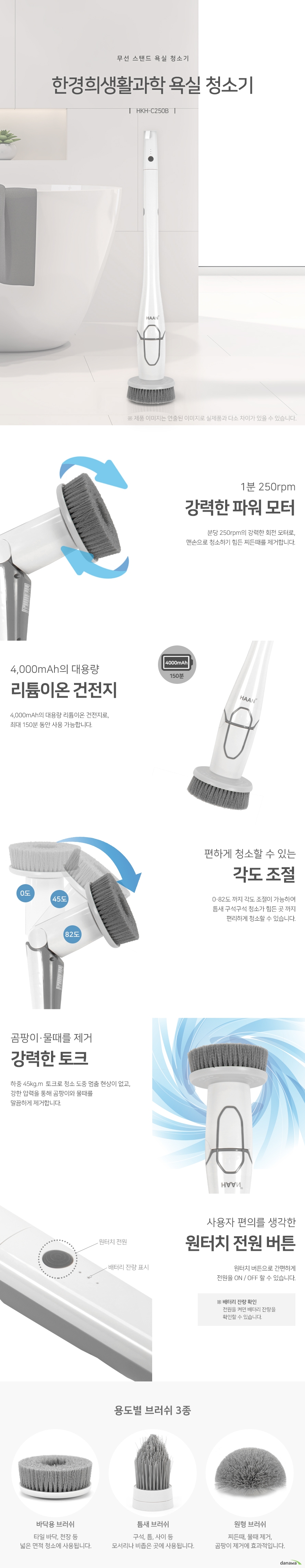무선 스탠드 욕실 청소기 한경희생활과학 욕실 청소기 HKHC250B 1분 250rpm 강력한 파워 모터 분당 250rpm의 강력한 회전 모터로, 맨손으로 청소하기 힘든 찌든때를 제거합니다. 4,000mAh의 대용량 리튬이온 건전지 4,000mAh의 대용량 리튬이온 건전지로, 최대 150분 동안 사용 가능합니다. 편하게 청소할 수 있는 각도 조절 0도에서 82도 까지 각도 조절이 가능하여 틈새 구석구석 청소가 힘든 곳 까지 편리하게 청소할 수 있습니다. 곰팡이·물때를 제거 강력한 토크 하중 45kg.m 토크로 청소 도중 멈춤 현상이 없고, 강한 압력을 통해 곰팡이와 물때를 말끔하게 제거합니다. 사용자 편의를 생각한 원터치 전원 버튼 원터치 버튼으로 간편하게 전원을 ON OFF 할 수 있습니다. 배터리 잔량 확인 전원을 켜면 배터리 잔량을 확인할 수 있습니다. 용도별 브러쉬 3종 바닥용 브러쉬 타일 바닥, 천장 등 넓은 면적 청소에 사용됩니다. 틈새브러쉬 구석, 틈, 사이 등 모서리나 비좁은 곳에 사용됩니다. 원형브러쉬 찌든때, 물때 제거, 곰팡이 제거에 효과적입니다.