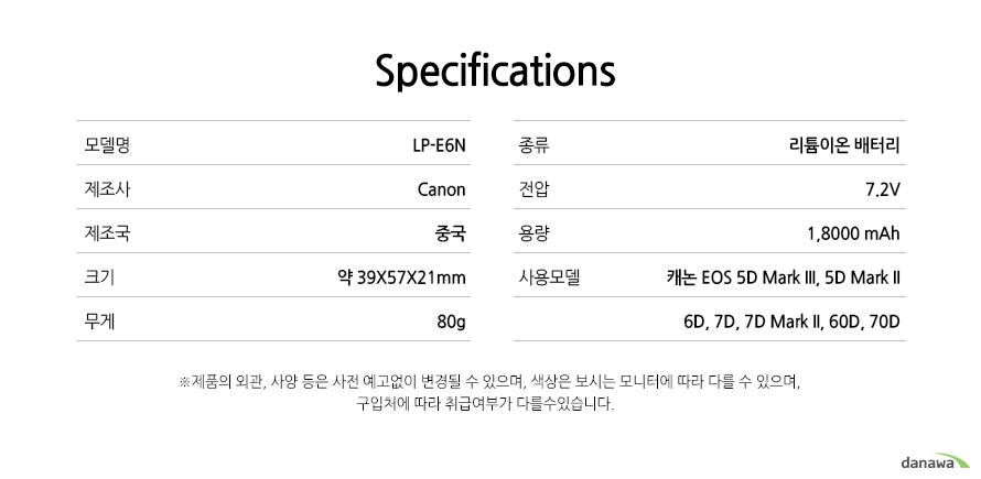 specification    모델명	LP-E6N    제조사	canon    제조국	중국    크기	39x57x21mm    무게	80g    종류	리튬이온 배터리    전압	7.2V    용량	1,8000mAh    사용모델	캐논 EOS 5D Mark III, 5D Mark II, 6D, 7D, 7D Mark II, 60D, 70D    *제품의 외관 사양 등은 사전 예고없이 변경될 수 있으며 색상은 보시는 모니터에 따라 다를 수 있으며 구입처에따라 취급여부가 다를 수 있습니다.    