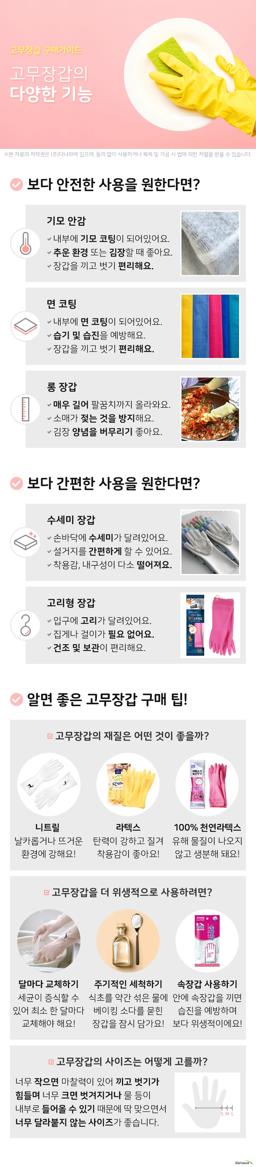 고무장갑 구매가이드 고무장갑의 다양한 기능 보다 안전한 사용을 원한다면 기모 안감 내부에 기모 코팅이 되어있어 겨울에도 따뜻해요 차가운 물을 사용하거나 김장할 때 좋아요 장갑을 끼고 벗기 편리해요 면 코팅 내부에 면 코팅이 되어있어 착용감이 좋아요 내부에 습기가 차는 것을 방지해 습진을 예방해요 장갑을 끼고 벗기 편리해요 롱 장갑 장갑이 매우 길어 팔꿈치까지 올라와요 설거지 청소 등을 할 때 소매가 젖는 것을 방지해요 김장을 할 때 양념을 버무리기 좋아요 보다 간편한 사용을 원한다면 수세미 장갑 장갑의 손바닥에 수세미가 달려있어요 설거지를 빠르고 간편하게 할 수 있어요 착용감과 내구성이 다소 떨어질 수 있어요 고리형 장갑 손을 넣는 입구에 고리가 달려있어요 집게가 필요 없어 건조 및 보관이 편리해요 알면 좋은 고무장갑 구매 팁 고무장갑의 재질은 어떤 것이 좋을까 내구성이 좋은 니트릴 뜨거운 환경이나 날카로운 물체에 사용하기 좋아요 탄성이 좋은 라텍스 탄력이 강하고 질기며 착용감이 좋아요 100퍼센트 천연라텍스 환경호르몬이 나오지 않고 생분해 돼 환경에 좋아요 고무장갑을 더 위생적으로 사용하려면 한 달에 한 번 교체하기 물과 세제에 노출되어 세균이 증식할 수 있기 때문에 최소 한 달마다 교체해야 해요 주기적으로 세척하기 물과 식초를 9:1 비율로 채운 통에 베이킹 소다를 묻힌 장갑을 잠시 담가둔 뒤 세척해서 뒤집어 말려요 속장갑 사용하기 고무장갑 안에 속장갑을 끼면 습기 및 습진을 예방하며 보다 위생적인 사용이 가능해요 고무장갑의 사이즈는 어떻게 고를까 고무장갑이 너무 작으면 재질 특성상 마찰력이 있어 끼고 벗기가 힘들며 너무 크면 사용할 때 벗겨지거나 내부로 물 등이 들어올 수 있기 때문에 딱 맞으면서도 지나치게 달라붙지 않는 사이즈를 선택하는 것이 좋습니다 구매 전 상세 사이즈를 확인하세요