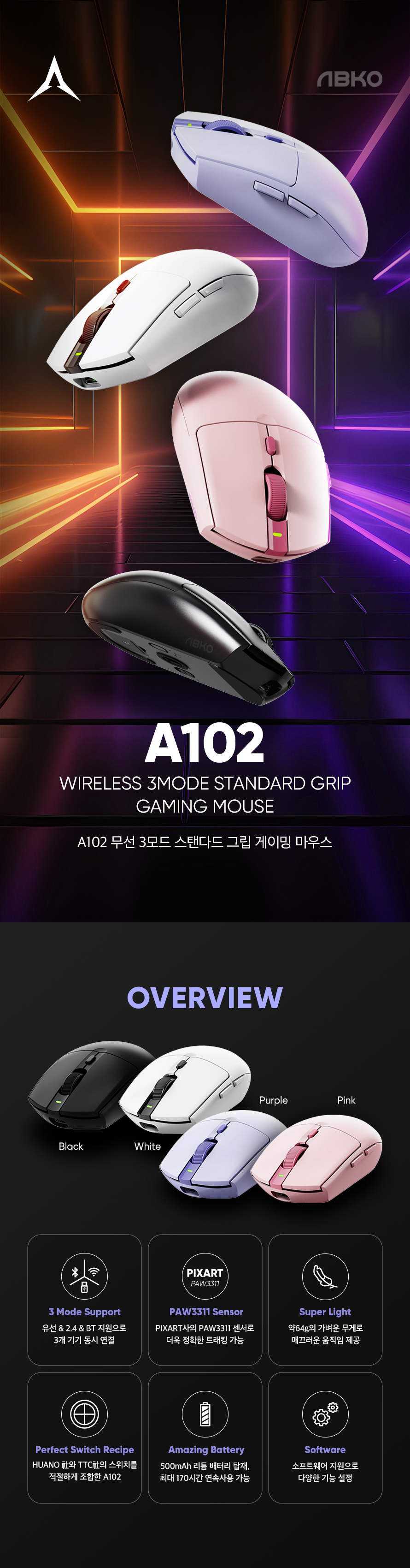 앱코 A102 3모드 스탠다드 그립 게이밍 유무선 (화이트)