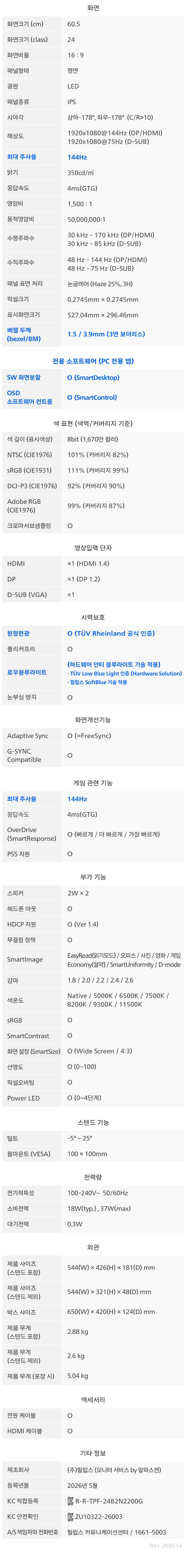필립스 24B2N2200G 144 IPS 원형편광 아이케어 보더리스 게이밍 무결점