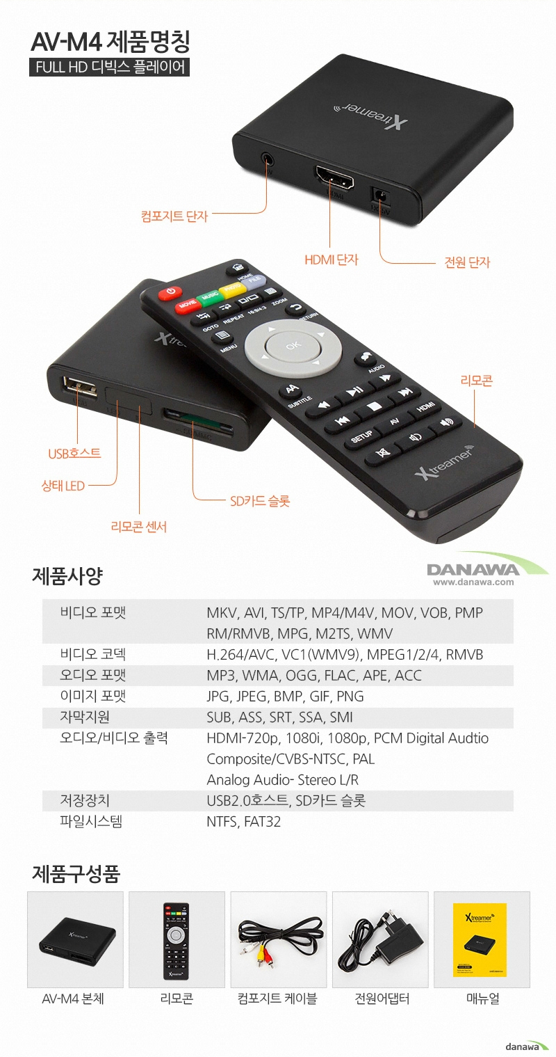 AV-M4 제품명칭FULL HD 디빅스 플레이어컴포지트 단자, HDMI 단자 전원 단자 USB호스트, 상태LED, 리모컨 센서, SD카드 슬롯리모콘제품사양비디오 포맷 MKV, AVI, TS/TP, MP4/M4V, MOV, VOB, PMP RM/RMVB, MPG, M2TS, WMV비디오 코덱 H.264/AVC, VC1(WMV9), MPEG1/2/4, RMVB오디오 포맷 MP3, WMA, OGG, FLAC, APE, ACC이미지 포맷 JPG, JPEG, BMP, GIF, PNG자막지원 SUB, ASS, SRT, SSA, SMI오디오/비디오 출력 HDMI-720p, 1080i,1080p,PCM Digital Audio Composite/CVBS-NTSC,PAL, Analog Audio-Streo L/R저장장치 USB 2.0호스트, SD카드 슬롯파일시스템 NTFS, FAT32제품구성품AV-M4 본체, 리모콘, 컴포지트 케이블전원어댑터, 매뉴얼