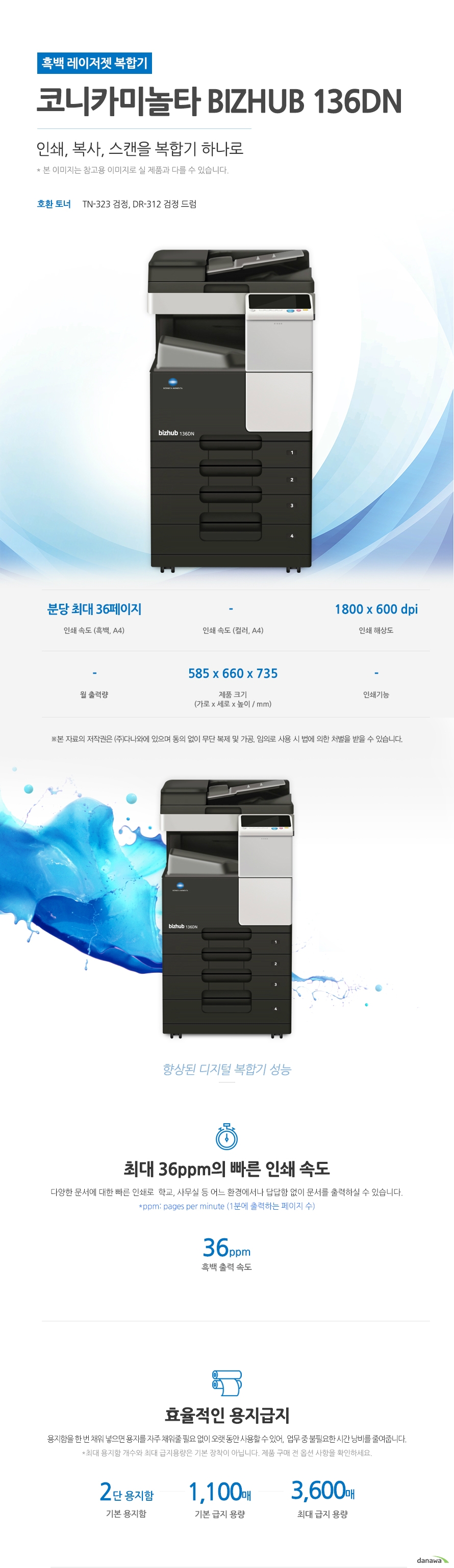 코니카미놀타 Bizhub 136DN (테이블 포함) 인쇄, 복사, 스캔을 복합기 하나로 호환 토너 TN-323 검정, DR-312 검정 드럼 인쇄 속도 (흑백, A4) 분당 최대 36페이지 / 인쇄 해상도 1800 x 600 dpi / 제품 크기 (mm) 가로 585 x 세로660 x 높이 735 최대 36ppm의 빠른 인쇄 속도 다양한 문서에 대한 빠른 인쇄로 학교, 사무실 등 어느 환경에서나 답답함 없이 문서를 출력하실 수 있습니다. *ppm: pages per minute (1분에 출력하는 페이지 수) 흑백 출력 속도 36ppm 효율적인 용지급지 용지함을 한 번 채워 넣으면 용지를 자주 채워줄 필요 없이 오랫 동안 사용할 수 있어, 업무 중 불필요한 시간 낭비를 줄여줍니다. *최대 용지함 개수와 최대 급지용량은 기본 장착이 아닙니다. 제품 구매 전 옵션 사항을 확인하세요. 기본 용지함 2단 용지함 기본 급지 용량 1,100매 최대 급지 용량 3,600매 어느 공간에나 어울리는 컴팩트한 사이즈 컴팩트한 사이즈로 다양한 환경에서 부담없이 설치하고 효율적으로 배치시킬 수 있습니다.제품 크기 (mm) 가로 585 x 세로660 x 높이 735 사무환경에 맞는 인쇄, 복사, 스캔 기능 인쇄, 복사, 스캔 기능을 결합하여 불필요한 시간 절약은 물론, 더욱 효율적인 처리가 가능합니다. *팩스의 경우 기본장착이 아닙니다. 제품 구매 전 옵션 사항을 확인 하세요.