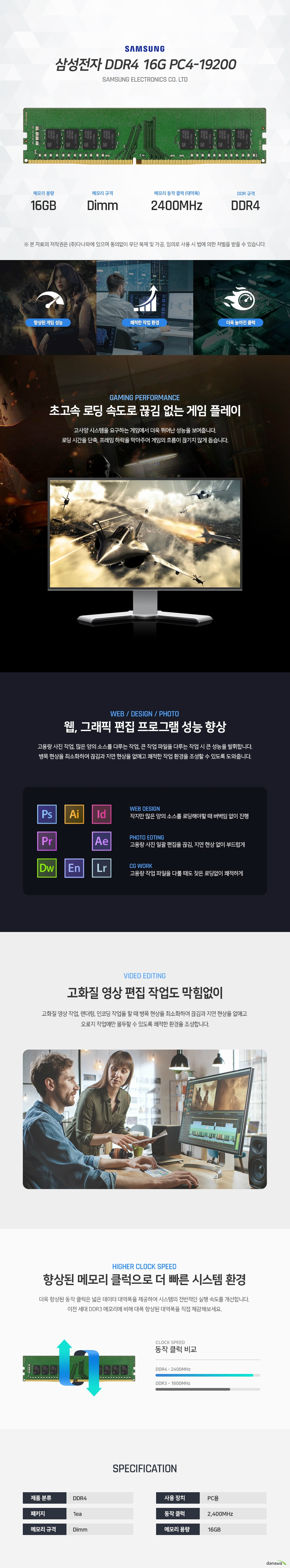  고사양 시스템을 요구하는 게임에서 더욱 뛰어난 성능을 보여줍니다. 로딩 시간을 단축, 프레임 하락을 막아주어 게임의 흐름이 끊기지 않게 돕습니다. 고용량 사진 작업, 많은 양의 소스를 다루는 작업, 큰 작업 파일을 다루는 작업 시 큰 성능을 발휘합니다. 병목 현상을 최소화하여 끊김과 지연 현상을 없애고 쾌적한 작업 환경을 조성할 수 있도록 도와줍니다. 고화질 영상 작업, 렌더링, 인코딩 작업을 할 때 병목 현상을 최소화하여 끊김과 지연 현상을 없애고  오로지 작업에만 몰두할 수 있도록 쾌적한 환경을 조성합니다. 더욱 향상된 동작 클럭은 넓은 데이터 대역폭을 제공하여 시스템의 전반적인 실행 속도를 개선합니다.  이전 세대 DDR3 메모리에 비해 대폭 향상된 대역폭을 직접 체감해보세요. 