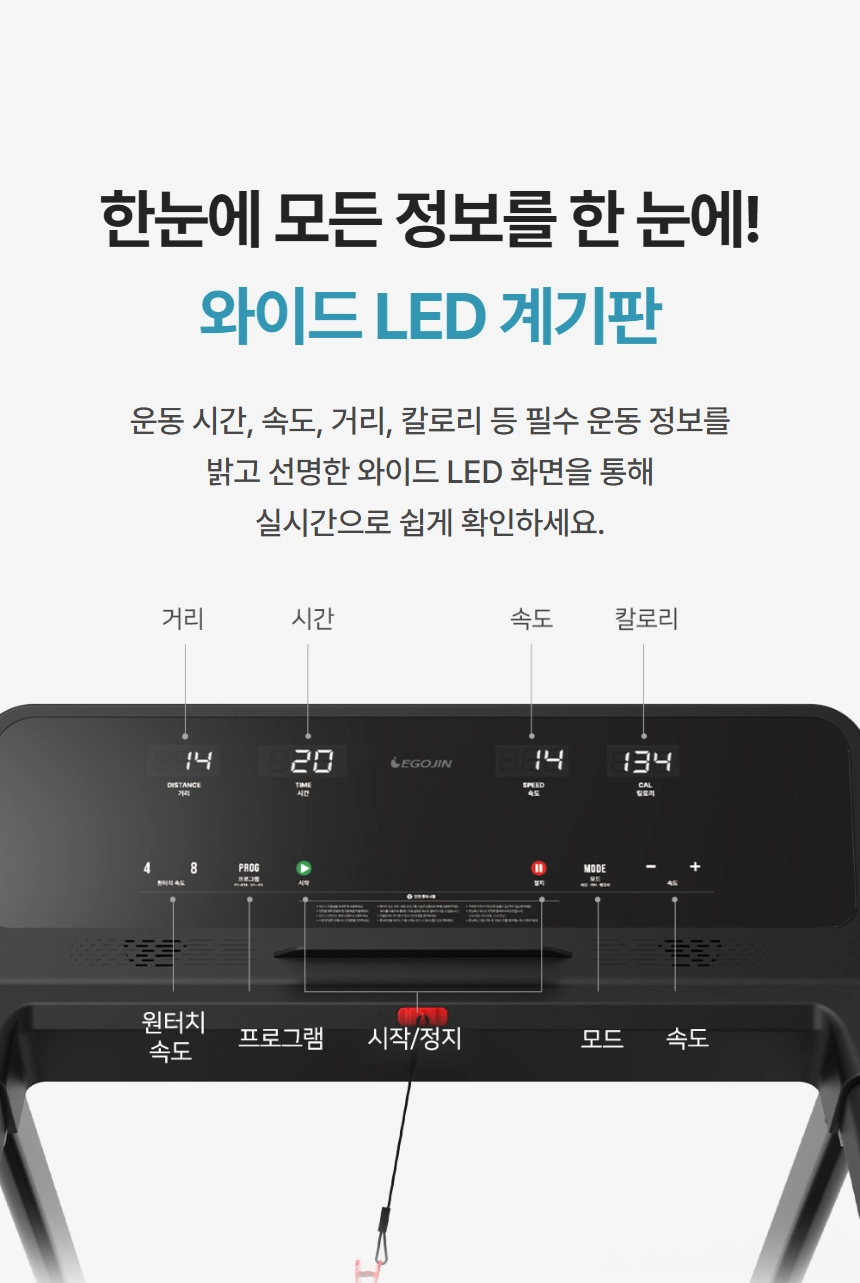 블랙 레고진 런닝머신의 와이드 LED 계기판이 운동 거리, 시간, 속도, 칼로리를 선명하게 보여주며, 원터치 속도 및 시작/정지 버튼이 배치된 모습.