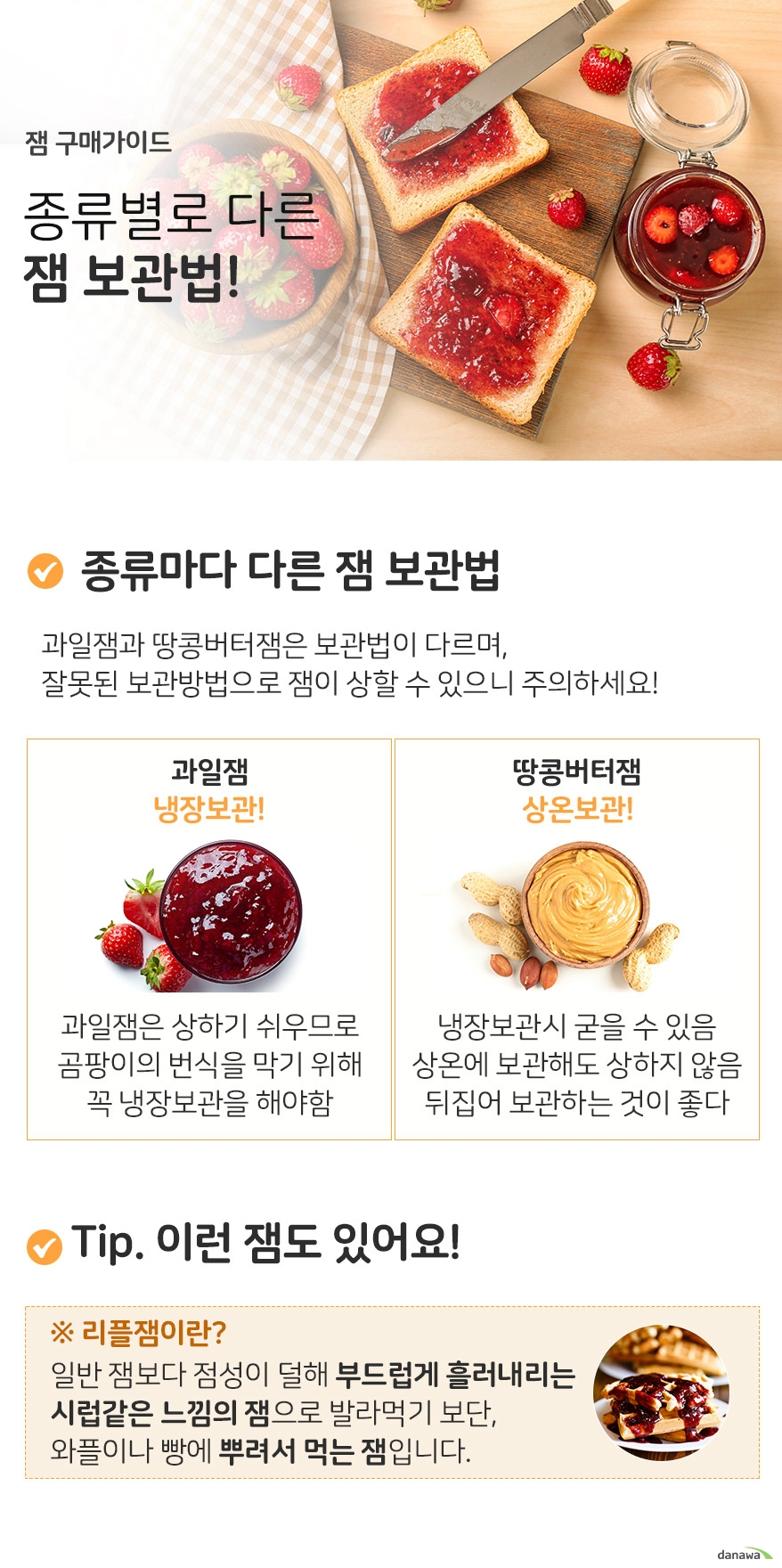 잼 구매가이드 종류별로 다른 잼보관법  종류마다 다른 잼보관법 과일잼과 땅콩버터잼은 보관법이 다르며, 잘못된 보관방법으로 잼이 상할 수 있으니 주의하세요 과일잼 냉장보관 과일잼은 상하기 쉬우므로  곰팡이의 번식을 막기 위해 꼭 냉장보관을 해야함  땅콩잼 상온보관 냉장보관시 굳을 수 있으며  상온에 보관해도 상하지 않음 병을 뒤집어 보관하는 것이 좋다  tip이런잼도 있어요 리플잼이란? 일반 잼보다 점성이 덜해 부드럽게 흘러내리는  시럽같은 느낌의 잼으로 발라먹기 보단 와플이나 빵에 뿌려서 먹는 잼입니다