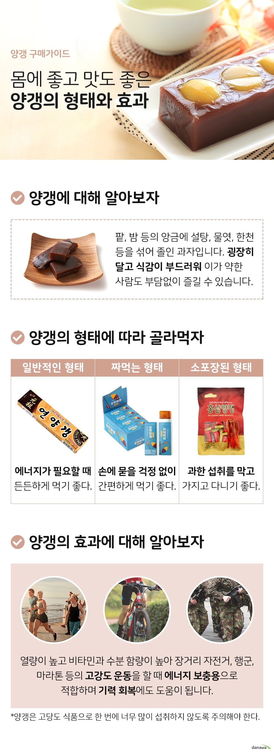 양갱 구매가이드 몸에 좋고 맛도 좋은 양갱의 형태와 효과 양갱에 대해 알아보자 양갱은 팥 고구마 밤 등의 앙금에 설탕 물엿 한천 등을 섞어 졸인 과자입니다 맛이 굉장히 달고 식감이 부드러워 이가 약한 사람도 부담없이 즐길 수 있습니다 양갱의 형태에 따라 골라먹자 일반적인 형태 에너지 보충이 필요할 때 든든하게 먹을 수 있다 짜먹는 형태 손에 묻을 걱정 없이 간편하게 먹을 수 있다 소포장된 형태 과한 섭취를 막아주고 가지고 다니며 먹기 좋다 양갱의 효과에 대해 알아보자 양갱은 열량이 높고 비타민과 수분 함량이 높아 장거리 자전거 행군 마라톤 등의 에너지가 급격히 소모되는 고강도 운동을 할 때 에너지 보충용으로 적합하며 기력 회복에도 도움이 됩니다 하지만 고당도 식품이므로 한 번에 너무 많이 섭취하지 않도록 주의해야 합니다