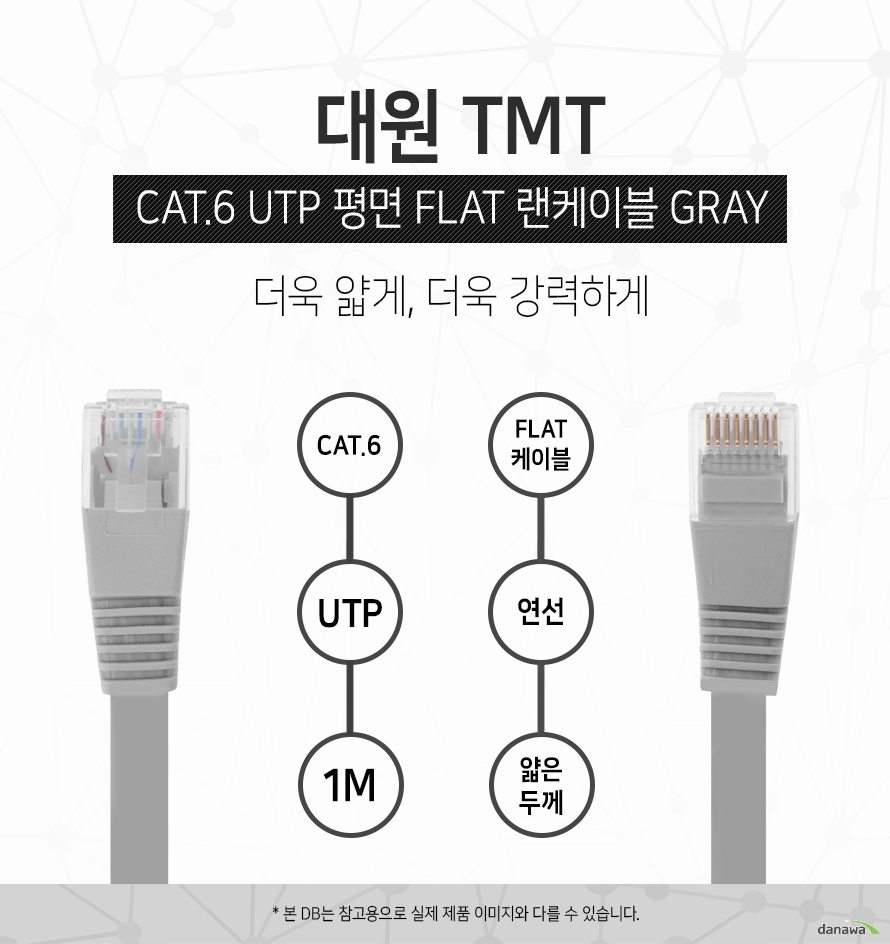 대원 TMT CAT 6 UTP 평면 FLAT 랜케이블 GRAY 더욱 얇게 더욱 강력하게 CAT 6 UTP 1M FLAT 케이블 연선 얇은 두께 본 디비는 참고용으로 실제 제품 이미지와 다를 수 있습니다.