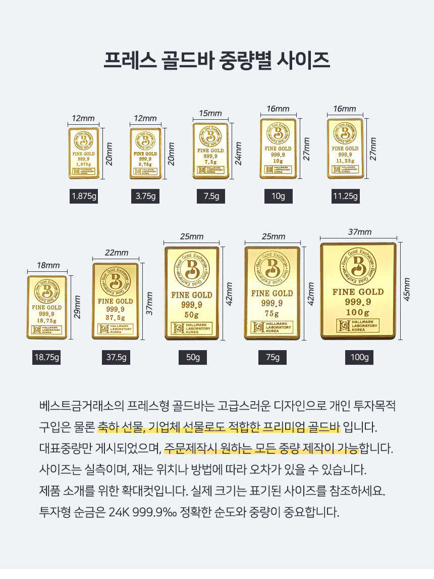 베스트금거래소 프레스 골드바 중량별 사이즈