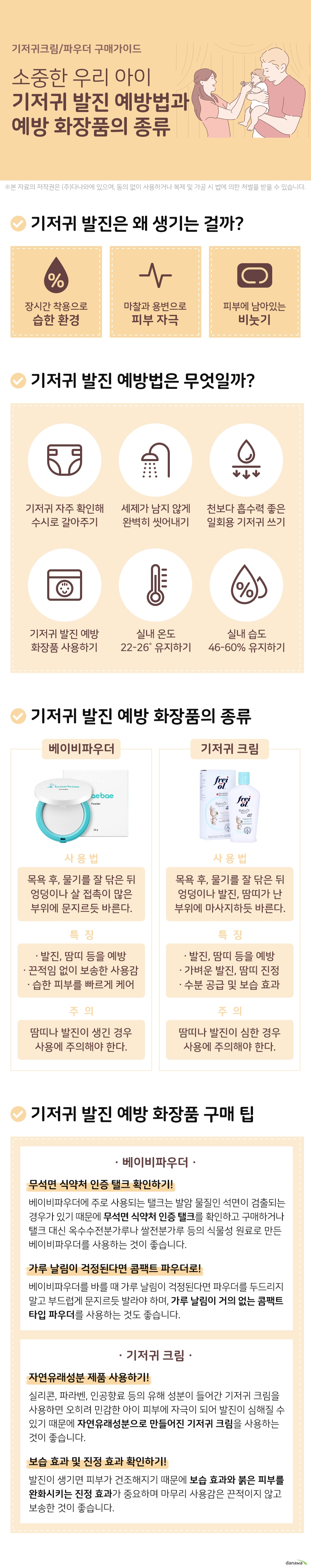 기저귀크림 파우더 구매가이드 소중한 우리 아이 기저귀 발진 예방법과 예방 화장품의 종류 기저귀 발진은 왜 생기는 걸까 장시간 기저귀 착용으로 인한 습한 환경 기저귀 마찰과 용변으로 인한 피부 자극 세제 용변 등 피부에 남아있는 이물질 기저귀 발진 예방법은 무엇일까 기저귀를 수시로 확인해 자주 갈아주기 세제가 남지 않도록 완벽하게 씻어내기 천보다 흡수력이 좋은 일회용 기저귀 사용하기 기저귀 발진 예방 전용 화장품 사용하기 실내 온도 22에서 26도 유지하기 실내 습도 46에서 60퍼센트 유지하기 기저귀 발진 예방 화장품의 종류 베이비파우더 사용 법 목욕 후 물기를 잘 닦아준 뒤 엉덩이나 살 접촉이 많은 부위에 문지르듯 발라준다 특징 발진 땀띠 등을 예방한다 사용감이 끈적임 없이 보송하다 습한 피부를 빠르게 케어한다 주의 땀띠나 발진이 생긴 상태에서는 사용에 주의해야 한다 기저귀 크림 사용 법 목욕 후 물기를 잘 닦아준 뒤 엉덩이나 발진 땀띠가 난 부위에 마사지하듯 발라준다 특징 발진 땀띠 등을 예방한다 가벼운 발진 땀띠 등을 진정시킨다 수분 공급 및 보습 효과가 있다 주의 땀띠나 발진이 심한 경우에는 발진 연고를 처방받는 것이 좋다 기저귀 발진 예방 화장품 구매 팁 베이비파우더 무석면 식약처 인증 탤크 확인하기 베이비파우더에 주로 사용되는 탤크는 발암 물질인 석면이 검출되는 경우가 있기 때문에 무석면 식약처 인증 탤크를 확인하고 구매하거나 탤크 대신 옥수수전분가루나 쌀전분가루 등의 식물성 원료로 만들어진 베이비파우더를 사용하는 것이 좋습니다 가루 날림이 걱정된다면 콤팩트 파우더로 베이비파우더를 바를 때 가루 날림이 걱정된다면 파우더를 두드리지 말고 부드럽게 문지르듯 발라주어야 하며 가루 날림이 거의 없는 콤팩트 타입 파우더를 사용하는 것도 좋습니다 기저귀 크림 자연유래성분 제품 사용하기 실리콘 파라벤 인공향료 등의 유해 성분이 들어간 기저귀 크림을 사용하면 오히려 민감한 아이 피부에 자극이 되어 발진이 심해질 수 있기 때문에 자연유래성분으로 만들어진 기저귀 크림을 사용하는 것이 좋습니다 보습 효과 및 진정 효과 확인하기 발진이 생기면 피부가 건조해지기 때문에 보습 효과와 붉어진 피부를 완화시키는 진정 효과가 중요하며 마무리 사용감은 끈적이지 않고 보송한 것이 좋습니다