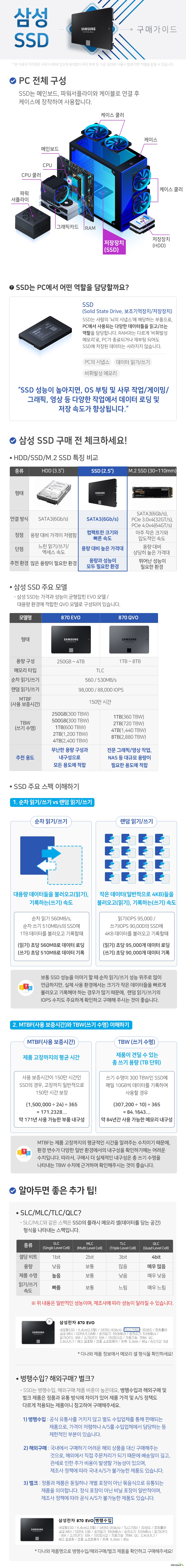   삼성 2.5인치 SSD 구매가이드 SSD는 PC에서 사용되는 다양한 데이터들을 읽고/쓰는 역할을 담당합니다. SSD 성능이 높아지면 OS 부팅 및 사무작업 게이밍 그래픽 영상 등 다양한 작업에서 데이터 로딩 및 저장 속도가 향상됩니다.  2,5인치 SSD 장점 컴팩트한 크기와 빠른 속도 단점 용량 대비 높은 가격대 추천 환경 용량과 성능이 모두 필요한 환경  삼성 SSD 주요 모델 870EVO 870QVO  870EVO는 무난한 용량 구성과 내구성으로 모든 용도에 적합합니다. 870QVO는 전문 그래픽 영상 작업 및 NAS등 대규모 용량이 필요한 용도에 적합합니다.   