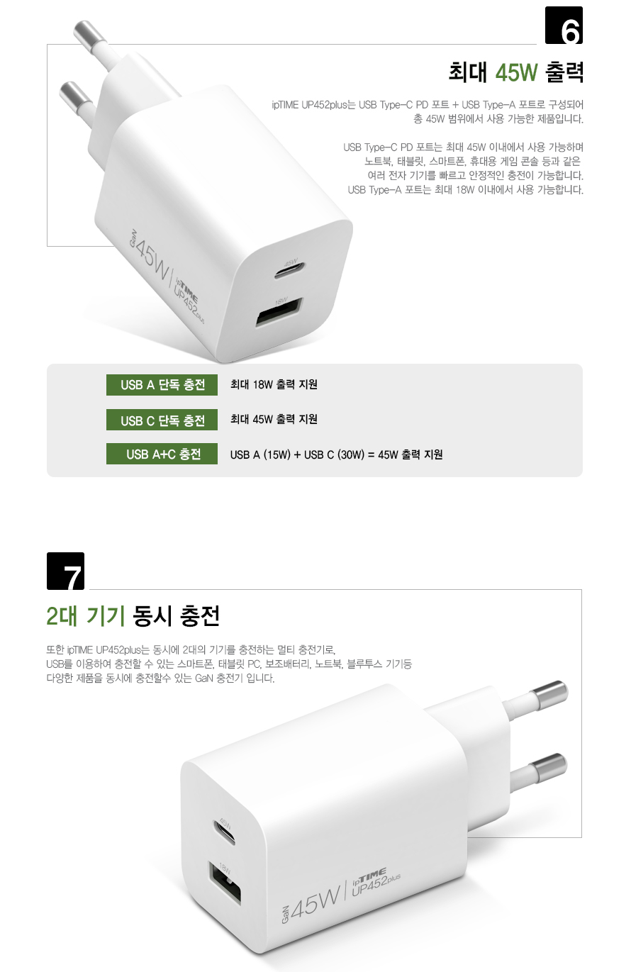 EFM ipTIME PD PPS 45W 2포트 GaN 충전기 UP452plus (케이블미포함)