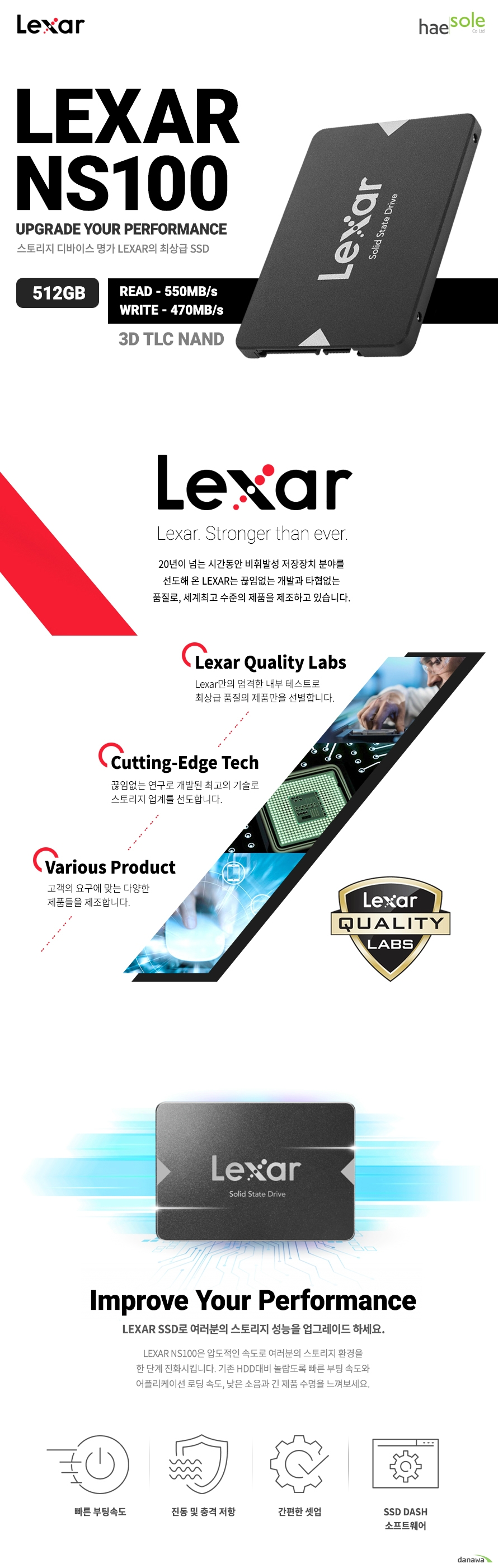 LEXAR NS100 (512GB) 제품 상세 정보 인터페이스 SATA3 용량 512기가바이트 낸드 타입 3D TLC 낸드 컨트롤러 DM1120 속도 읽기 최대 550MBPS 쓰기 최대 470MBPS 제품 크기 길이 100.2밀리미터 넓이 69.85밀리미터 두께 7밀리미터 무게 34그램 작동 온도 0도에서 70도 저장 온도 영하 40도에서 85도 진동 저항 10에서 2천 헤르츠 충격저항 1500G DWPD 0.46 TBW 240TBW Kc 인증번호 R R SLE NS100