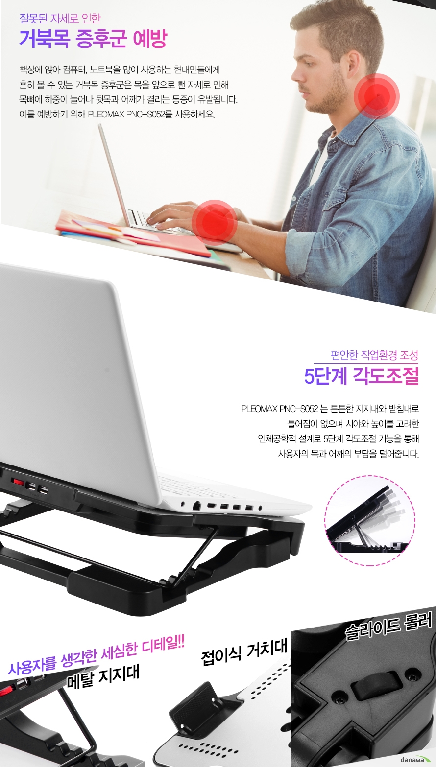 잘못된 자세로 인한 거북목 증후군 예방책상에 앉아 컴퓨터, 노트북을 많이 사용하는 현대인들에게흔히 볼 수 있는 거북목 증후군은 목을 앞으로 뺀 자세로 인해목뼈에 하중이 늘어나 뒷목과 어깨가 결리는 통증이 유발됩니다.이를 예방하기 위해 PLEOMAX PNC-S052를 사용하세요.편안한 작업환경 조성 5단계 각도조절PLEOMAX PNC-S052는 튼튼한 지지대와 빋침대로 틀어짐이 없으며 시야 높이를 고려한 인체공학적 설계로 5단계 각도조절 기능을 통해 사용자의 목과 어깨의 부담을 덜어줍니다.사용자를 생각한 세심한 디테일!! 메탈 지지대 / 접이식 거치대 / 슬라이드 로울러