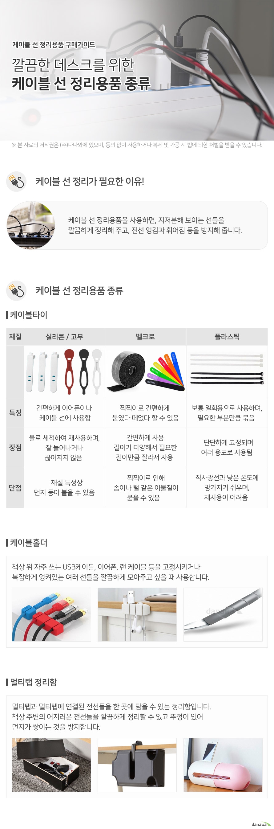 케이블 선 정리용품 구매가이드 깔끔한 데스크를 위한 케이블 선 정리용품 종류 케이블 선 정리가 필요한 이유 케이블 선 정리용품을 사용하면, 지저분해 보이는 선들을  깔끔하게 정리해 주고, 전선 엉킴과 휘어짐 등을 방지해 줍니다 케이블 선 정리용품 종류 케이블타이 실리콘 고무 특징 간편하게 이어폰이나 케이블 선에 사용함 장점 물로 세척하여 재사용하며, 잘 늘어나거나  끊어지지 않음 단점 재질 특성상 먼지 등이 붙을 수 있음 벨크로 특징 찍찍이로 간편하게 붙였다 떼었다 할 수 있음 장점  간편하게 사용 길이가 다양해서 필요한  길이만큼 잘라서 사용 단점 찍찍이로 인해 솜이나 털 같은 이물질이 묻을 수 있음 플라스틱 특징 보통 일회용으로 사용하며, 필요한 부분만큼 묶음 장점 단단하게 고정되며 여러 용도로 사용됨 단점 직사광선과 낮은 온도에 망가지기 쉬우며,  재사용이 어려움   케이블 홀더 책상 위 자주 쓰는 USB케이블, 이어폰, 랜 케이블 등을 고정시키거나 복잡하게 엉켜있는 여러 선들을 깔끔하게 모아주고 싶을 때 사용합니다. 멀티탭 정리함 멀티탭과 멀티탭에 연결된 전선들을 한 곳에 담을 수 있는 정리함입니다.  책상 주변의 어지러운 전선들을 깔끔하게 정리할 수 있고 뚜껑이 있어  먼지가 쌓이는 것을 방지합니다.