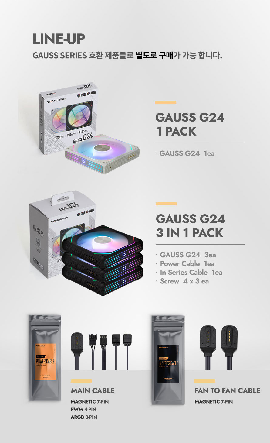 darkFlash Gauss G24R 마그네틱 ARGB 리버스 (3팩, 블랙)
