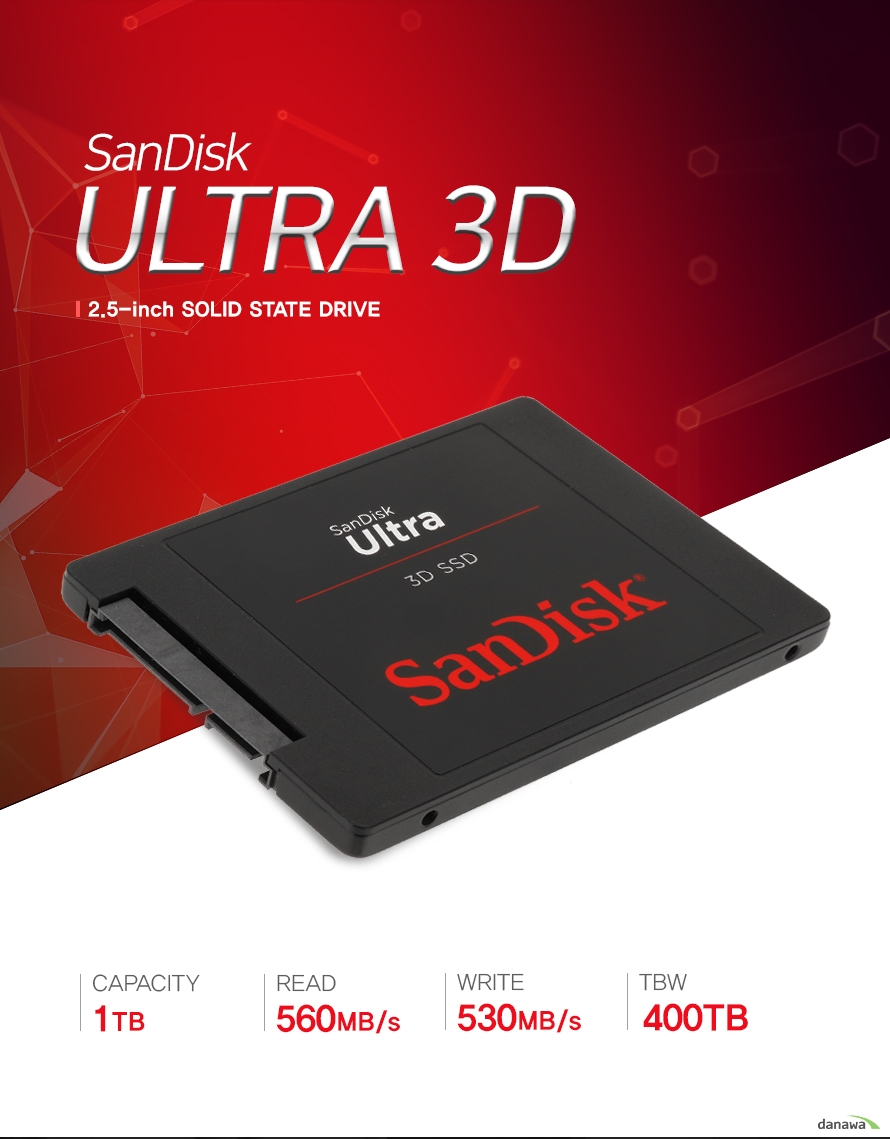 SanDisk Ultra 3d 2.5inch solid state drive CAPACITY 1TB READ 560mb/s WRITE 530mb/s MBW 400TB