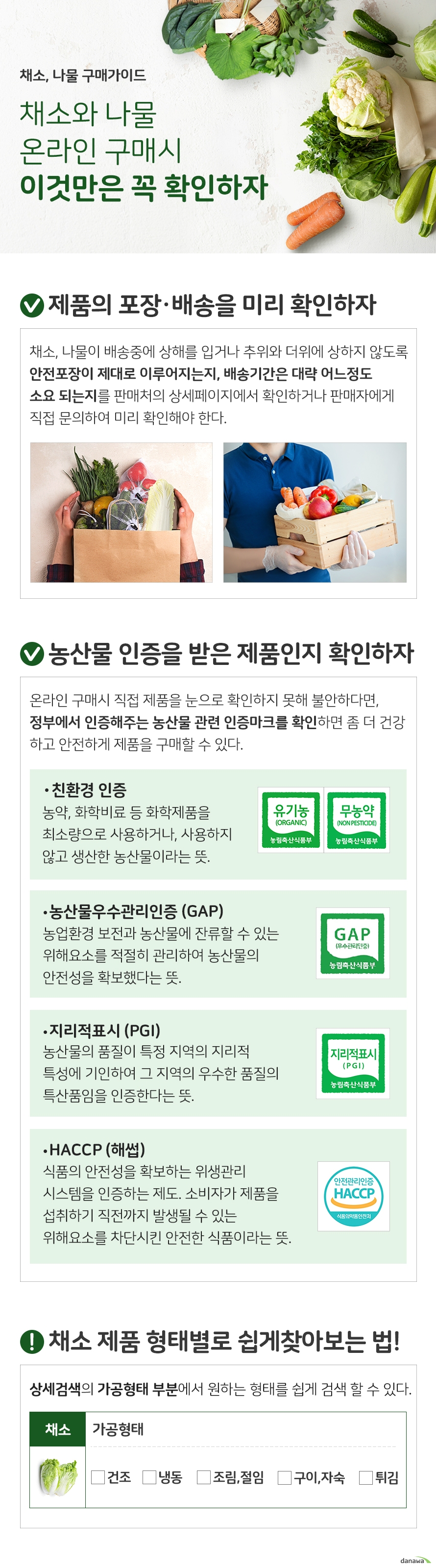 채소와 나물 온라인 구매시 이것만은 꼭 확인하자 제품의 포장,배송을 미리 확인하자 채소, 나물이 배송중에 상해를 입거나 추위와 더위에 상하지 않도록 안전포장이 제대로 이루어지는지, 배송기간은 대략 어느정도 소요되는지를 판매처의 상세페이지에서 확인하거나 판매자에게 직접 문의하여 미리 확인해야 한다. 농산물 관련 인증을 받은 제품인지 확인하자 온라인 구매시 직접 제품을 눈으로 확인하지 못해 불안하다면, 정부에서 인증해주는 농산물 관련 인증마크를 확인하면 좀 더 건강하고 안전하게 제품을 구매할 수 있다. 친환경 인증 농약, 화학비료 등 화학제품을 최소량으로 사용하거나, 사용하지 않고 생산한 농산물이라는 뜻. 농산물우수관리인증 (GAP) 농업환경 보전과 농산물에 잔류할 수 있는 위해요소를 적절히 관리하여 농산물의 안전성을 확보했다는 뜻. 지리적표시 (PGI) 농산물의 품질이 특정 지역의 지리적 특성에 기인하여 그 지역의 우수한 품질의 특산품임을 인증한다는 뜻. HACCP (해썹) 식품의 안전성을 확보하는 위생관리시스템을 인증하는 제도. 소비자가 제품을 섭취하기 직전까지 발생될 수 있는 위해요소를 차단시킨 안전한 식품이라는 뜻. 채소 제품 형태별로 쉽게 찾아보는 법! 상세검색의 가공형태 부분에서 원하는 형태를 선택하여 쉽게 검색 할 수 있습니다.