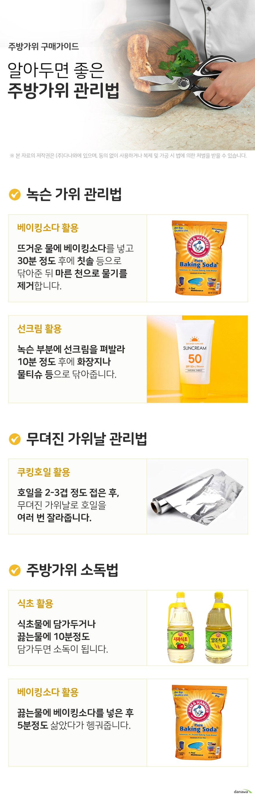 주방가위 구매가이드 알아두면 좋은 주방가위 관리법 녹슨가위 관리법 베이킹소다 활용 뜨거운 물에 베이킹소다를 넣고 30분 정도 기다린 뒤 칫솔 등으로 닦아줍니다. 이후 마른 천으로 물기를 제거해줍니다. 선크림활용 녹슨 부분에 선크림을 펴발라 10분 정도 기다린 뒤 화장지나 물티슈 등으로 닦아줍니다 무뎌진 가위날 관리법 쿠킹호일 활용 호일을 2겹에서 3겹 정도 접은 후 무뎌진 가위날로 호일을 여러 번 잘라줍니다. 주방가위 소독법 식초활용 식초물에 담가두거나 끓는물에 10분정도 담가두면 소독이 됩니다 베이킹소다 활용 끓는물에 베이킹소다를 넣은 후 5분정도 삶았다가 헹궈줍니다