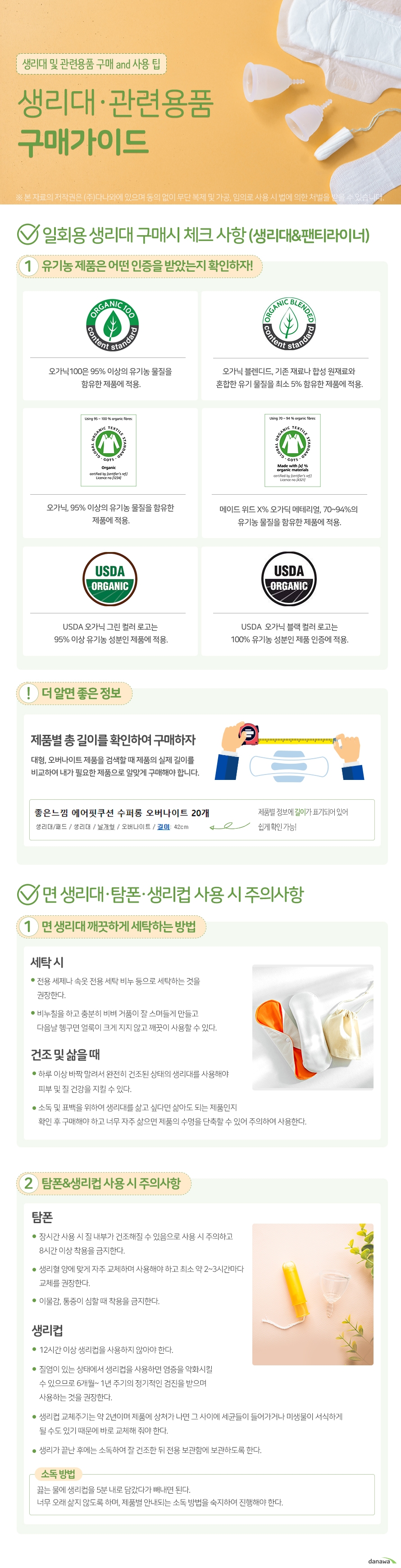 생리대·관련용품 구매가이드 일회용 생리대 구매시 체크 사항 (생리대&팬티라이너) 유기농 제품은 어떤 인증을 받았는지 확인하자! 오가닉100은 95% 이상의 유기농 물질을  함유한 제품에 적용.  오가닉 블렌디드, 기존 재료나 합성 원재료와  혼합한 유기 물질을 최소 5% 함유한 제품에 적용. 오가닉, 95% 이상의 유기농 물질을 함유한  제품에 적용. 메이드 위드 X% 오가딕 메테리얼, 70~94%의  유기농 물질을 함유한 제품에 적용. USDA 오가닉 그린 컬러 로고는  95% 이상 유기농 성분인 제품에 적용. USDA  오가닉 블랙 컬러 로고는 100% 유기농 성분인 제품 인증에 적용. 제품별 총 길이를 확인하여 구매하자 대형, 오버나이트 제품을 검색할 때 제품의 실제  길이를 비교하여 내가 필요한 제품으로 알맞게 구매해야 합니다.  제품별 정보에 길이가 표기되어 있어 쉽게 확인 가능! 면 생리대·탐폰·생리컵 사용 시 주의사항 면 생리대 깨끗하게 세탁하는 방법 전용 세제나 속옷 전용 세탁 비누 등으로 세탁하는 것을  권장한다.  비누칠을 하고 충분히 비벼 거품이 잘 스며들게 만들고  다음날 헹구면 얼룩이 크게 지지 않고 깨끗이 사용할 수 있다. 하루 이상 바짝 말려서 완전히 건조된 상태의 생리대를  사용해야 피부 및 질 건강을 지킬 수 있다. 소독 및 표백을 위하여 생리대를 삶고 싶다면 삶아도 되는 제품인지  확인 후 구매해야 하고 너무 자주 삶으면 제품의 수명을 단축할 수 있어 주의하여 사용한다. 탐폰&생리컵 사용 시 주의사항 탐폰 장시간 사용 시 질 내부가 건조해질 수 있음으로 사용 시  주의하고 8시간 이상 착용을 금지한다. 생리혈 양에 맞게 자주 교체하며 사용해야 하고 최소  약 2~3시간마다 교체를 권장한다. 이물감, 통증이 심할 때 착용을 금지한다.						  생리컵 12시간 이상 생리컵을 사용하지 않아야 한다. 질염이 있는 상태에서 생리컵을 사용하면 염증을 악화시킬  수 있으므로 6개월~ 1년 주기의 정기적인 검진을 받으며  사용하는 것을 권장한다. 생리컵 교체주기는 약 2년이며 제품에 상처가 나면 그 사이에  세균들이 들어가거나 미생물이 서식하게 될 수도 있기 때문에  바로 교체해 줘야 한다.  생리가 끝난 후에는 소독하여 잘 건조한 뒤 전용 보관함에 보관하도록 한다.  소독방법 끓는 물에 생리컵을 5분 내로 담갔다가 빼내면 된다.  너무 오래 삶지 않도록 하며, 제품별 안내되는 소독 방법을 숙지하여 진행해야 한다.