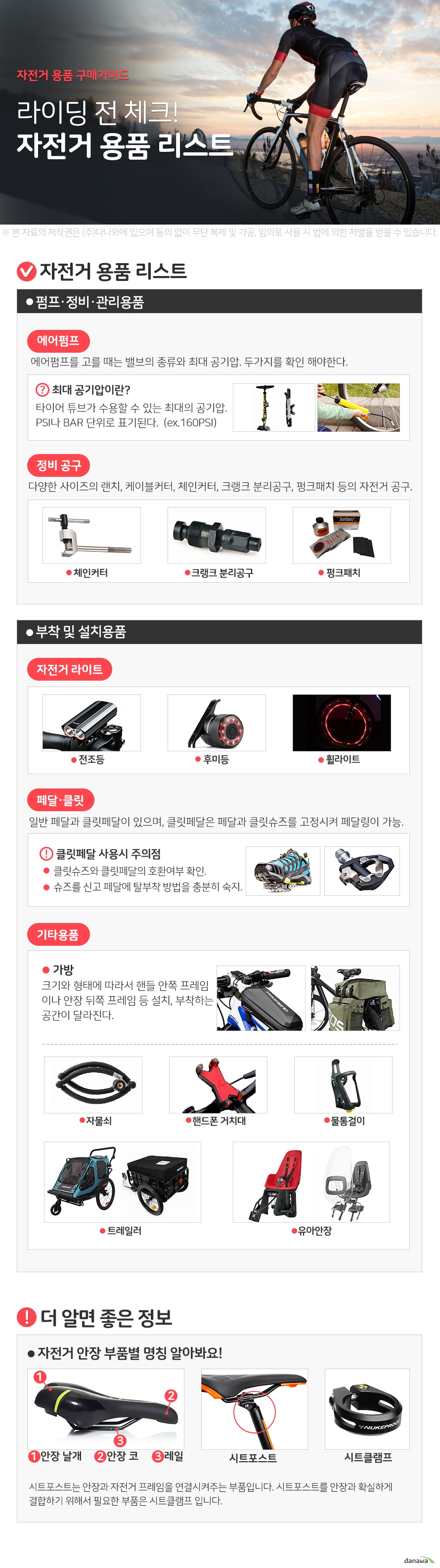 자전거 용품 구매가이드 라이딩 전 체크! 자전거 용품 리스트 라이딩 전 체크, 자전거 용품 리스트 펌프·정비·관리용품 에어펌프 에어펌프를 고를 때는 밸브의 종류와 최대 공기압. 두가지를 확인 해야한다. 최대 공기압이란? 타이어 튜브가 수용할 수 있는 최대의 공기압. PSI나 BAR 단위로 표기된다. (ex.160PSI) 정비 공구 다양한 사이즈의 랜치, 케이블커터, 체인커터, 크랭크 분리공구, 펑크패치 등의 자전거 정비공구. 자전거 라이트 전조등 후미등 휠라이트 페달·클릿 일반 페달과 클릿페달이 있으며, 클릿페달은 페달과 클릿슈즈를 고정시켜 페달링을 할 수 있도록 나온 제품이다. 클릿페달 사용시 주의점 클릿슈즈와 클릿페달의 호환여부 확인. 슈즈를 신고 페달에 탈부착 방법을 충분히 숙지. 기타용품 가방 크기와 형태에 따라서 핸들 안쪽 프레임이나 안장 뒤쪽 프레임 등 설치, 부착하는 공간이 달라진다. 자물쇠 핸드폰거치대 물통걸이 트레일러 유아안장 더 알면 좋은정보 자전거 안장 부품별 명칭 알아봐요! 시트포스트는 안장과 자전거 프레임을 연결시켜주는 부품입니다. 시트포스트를 안장과 확실하게 결합하기 위해서 필요한 부품은 시트클램프 입니다.