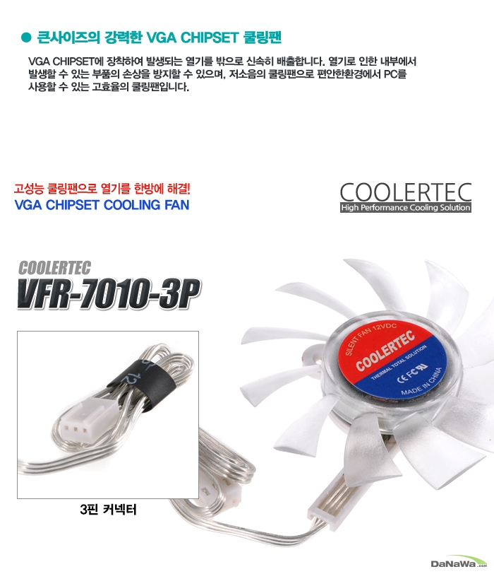 쿨러텍 VFR-7010-3P 제품 정측면 이미지 및 커넥터단자 확대 이미지