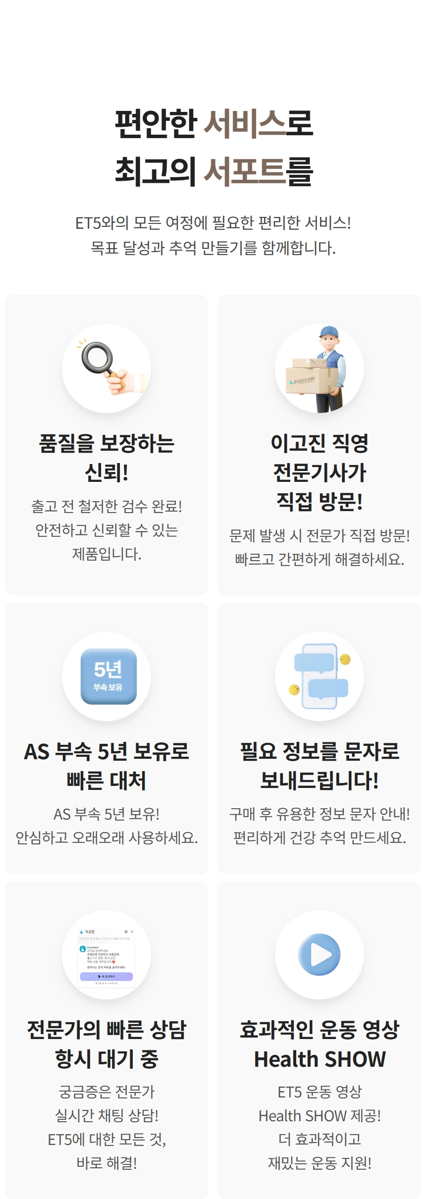 이고진 EGOJIN 이고진 ET5 운동기구의 출고 전 품질 검수, 직영 기사 방문 AS, 5년 부품 보유, 실시간 전문가 채팅 상담, 효과적인 운동 영상 제공 등 최고 수준의 고객 지원 서비스를 설명하는 이미지.