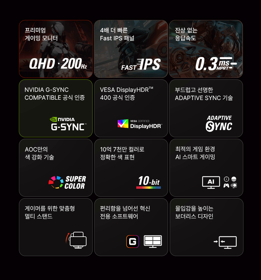 알파스캔 AOC Q27G4/WS 게이밍 200 FAST IPS QHD HDR 400 멀티스탠드 무결점