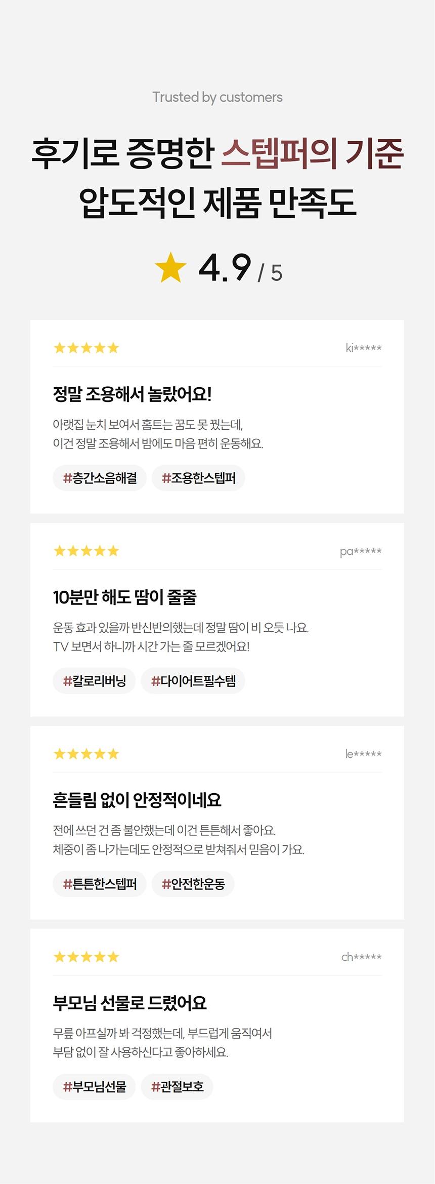 이고진 EGOJIN 이고진 스텝퍼의 4.9점 고객 후기 이미지로, 층간소음 없는 조용한 실내운동, 효과적인 칼로리 소모, 튼튼하고 안정적인 안전운동, 관절 보호 및 다이어트에 대한 높은 만족도가 강조됩니다.