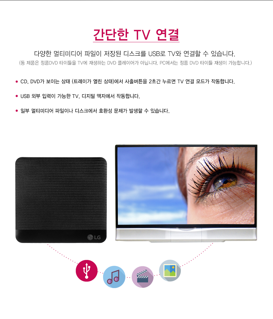간단한 TV 연결    다양한 멀티미디어 파일이 저장된 디스크를 USB로 TV와 연결할 수 있습니다.    (동 제품은 정품DVD 타이틀을 TV에 재생하는 DVD 플레이어가 아닙니다. PC에서는 정품 DVD 타이틀 재생이 가능합니다.)    CD, DVD가 보이는 상태 (트레이가 열린 상태)에서 사출버튼을 2초간 누르면 TV 연결 모드가 작동합니다.USB 외부 입력이 가능한 TV, 디지털 액자에서 작동합니다.일부 멀티미디어 파일이나 디스크에서 호환성 문제가 발생할 수 있습니다. 