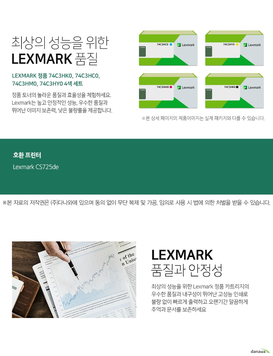 Lexmark 정품 74C3HK0, 74C3HC0, 74C3HM0, 74C3HY0 4색 세트