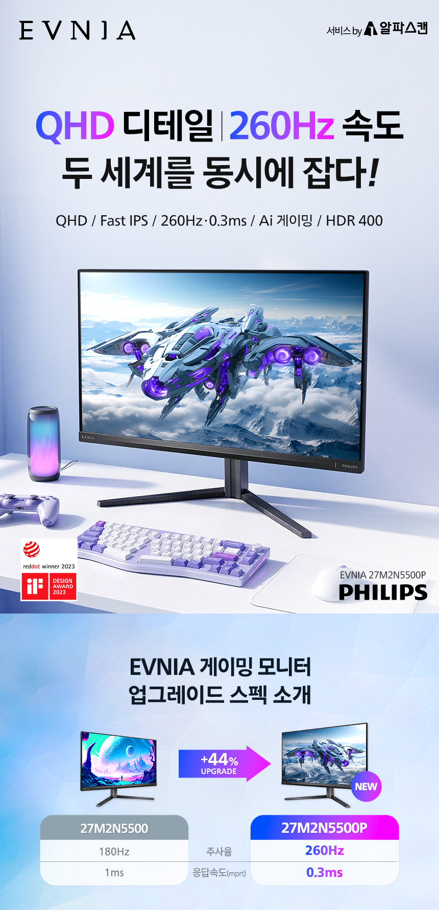필립스 에브니아 27M2N5500P QHD 260 FAST IPS 프리싱크 HDR 400 게이밍 무결점