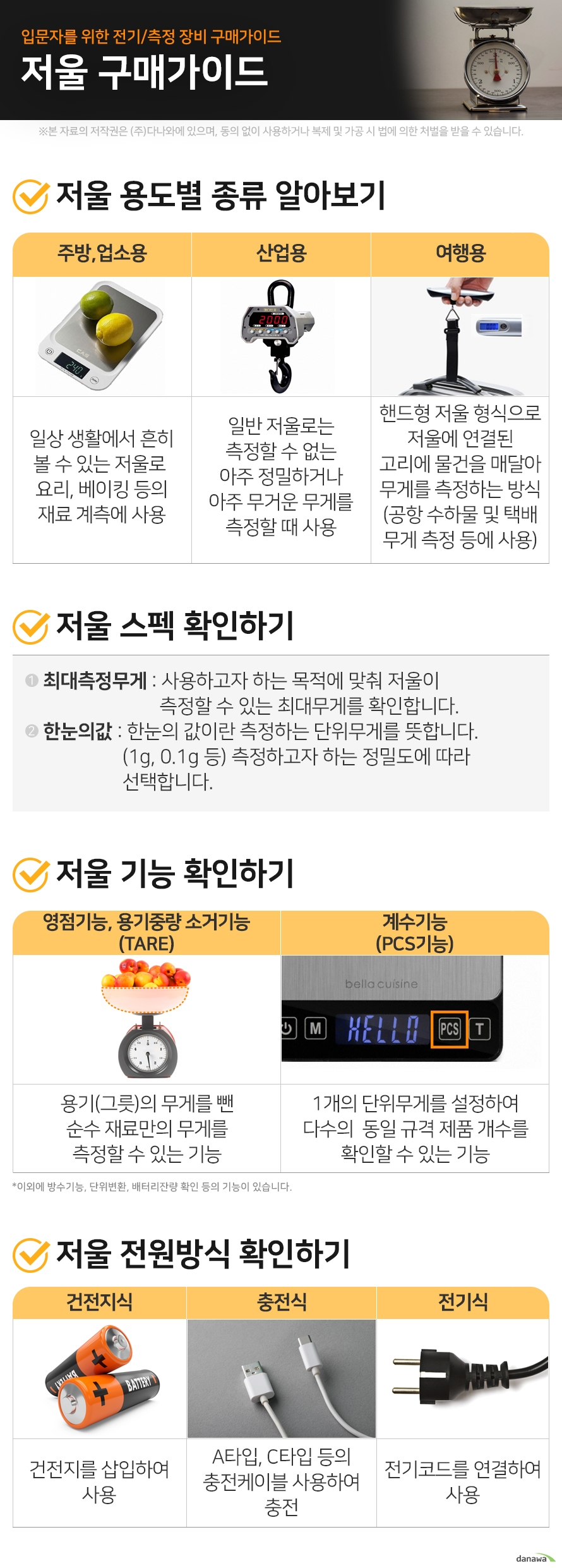 입문자를 위한 전기/측정 장비 구매가이드 저울 구매가이드   저울 용도별 종류 알아보기		 주방,업소용		 		 일상 생활에서 흔히 볼 수 있는 저울로  요리, 베이킹 등의 재료 계측에 사용 산업용		 		 일반 저울로는 측정할 수 없는 아주 정밀하거나 아주 무거운 무게를 측정할 때 사용		 여행용		 		 핸드형 저울 형식으로 저울에 연결된 고리에 물건을 매달아 무게를 측정하는 방식 (공항 수하물 및 택배 무게 측정 등에 사용) 저울 스펙 확인하기		 1. 최대측정무게		사용하고자 하는 목적에 맞춰 저울이 측정할 수 있는 최대무게를 확인합니다. 2. 한눈의값		한눈의 값이란 측정하는 단위무게를 뜻합니다. (1g, 0.1g 등) 측정하고자 하는 정밀도에 따라 선택합니다. 저울 기능 확인하기				 영점기능, 용기중량 소거기능 (TARE) 				 용기(그릇)의 무게를 뺀 순수 재료만의 무게를 측정할 수 있는 기능				 계수기능 (PCS기능) 			 1개의 단위무게를 설정하여 여러 개의  동일 규격 제품 개수를 확인할 수 있는 기능 			 이외에 방수기능, 단위변환, 배터리잔량 확인 등의 기능이 있습니다.		 		 		 저울 전원 알아보기		 건전지식		 건전지를 삽입하여 사용		 충전식		 A타입, C타입 등의 충전케이블 사용하여 충전		 전기식		 전기코드를 연결하여 사용		 
