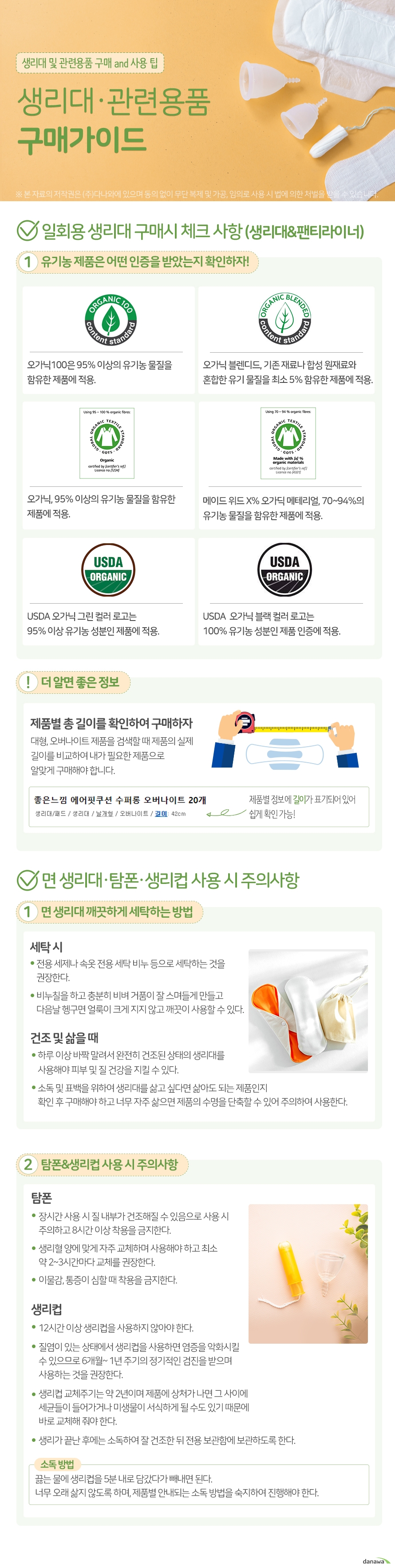 생리대·관련용품 구매가이드 일회용 생리대 구매시 체크 사항 (생리대&팬티라이너) 유기농 제품은 어떤 인증을 받았는지 확인하자! 오가닉100은 95% 이상의 유기농 물질을  함유한 제품에 적용.  오가닉 블렌디드, 기존 재료나 합성 원재료와  혼합한 유기 물질을 최소 5% 함유한 제품에 적용. 오가닉, 95% 이상의 유기농 물질을 함유한  제품에 적용. 메이드 위드 X% 오가딕 메테리얼, 70~94%의  유기농 물질을 함유한 제품에 적용. USDA 오가닉 그린 컬러 로고는  95% 이상 유기농 성분인 제품에 적용. USDA  오가닉 블랙 컬러 로고는 100% 유기농 성분인 제품 인증에 적용. 제품별 총 길이를 확인하여 구매하자 대형, 오버나이트 제품을 검색할 때 제품의 실제  길이를 비교하여 내가 필요한 제품으로 알맞게 구매해야 합니다.  제품별 정보에 길이가 표기되어 있어 쉽게 확인 가능! 면 생리대·탐폰·생리컵 사용 시 주의사항 면 생리대 깨끗하게 세탁하는 방법 전용 세제나 속옷 전용 세탁 비누 등으로 세탁하는 것을  권장한다.  비누칠을 하고 충분히 비벼 거품이 잘 스며들게 만들고  다음날 헹구면 얼룩이 크게 지지 않고 깨끗이 사용할 수 있다. 하루 이상 바짝 말려서 완전히 건조된 상태의 생리대를  사용해야 피부 및 질 건강을 지킬 수 있다. 소독 및 표백을 위하여 생리대를 삶고 싶다면 삶아도 되는 제품인지  확인 후 구매해야 하고 너무 자주 삶으면 제품의 수명을 단축할 수 있어 주의하여 사용한다. 탐폰&생리컵 사용 시 주의사항 탐폰 장시간 사용 시 질 내부가 건조해질 수 있음으로 사용 시  주의하고 8시간 이상 착용을 금지한다. 생리혈 양에 맞게 자주 교체하며 사용해야 하고 최소  약 2~3시간마다 교체를 권장한다. 이물감, 통증이 심할 때 착용을 금지한다.						  생리컵 12시간 이상 생리컵을 사용하지 않아야 한다. 질염이 있는 상태에서 생리컵을 사용하면 염증을 악화시킬  수 있으므로 6개월~ 1년 주기의 정기적인 검진을 받으며  사용하는 것을 권장한다. 생리컵 교체주기는 약 2년이며 제품에 상처가 나면 그 사이에  세균들이 들어가거나 미생물이 서식하게 될 수도 있기 때문에  바로 교체해 줘야 한다.  생리가 끝난 후에는 소독하여 잘 건조한 뒤 전용 보관함에 보관하도록 한다.  소독방법 끓는 물에 생리컵을 5분 내로 담갔다가 빼내면 된다.  너무 오래 삶지 않도록 하며, 제품별 안내되는 소독 방법을 숙지하여 진행해야 한다.