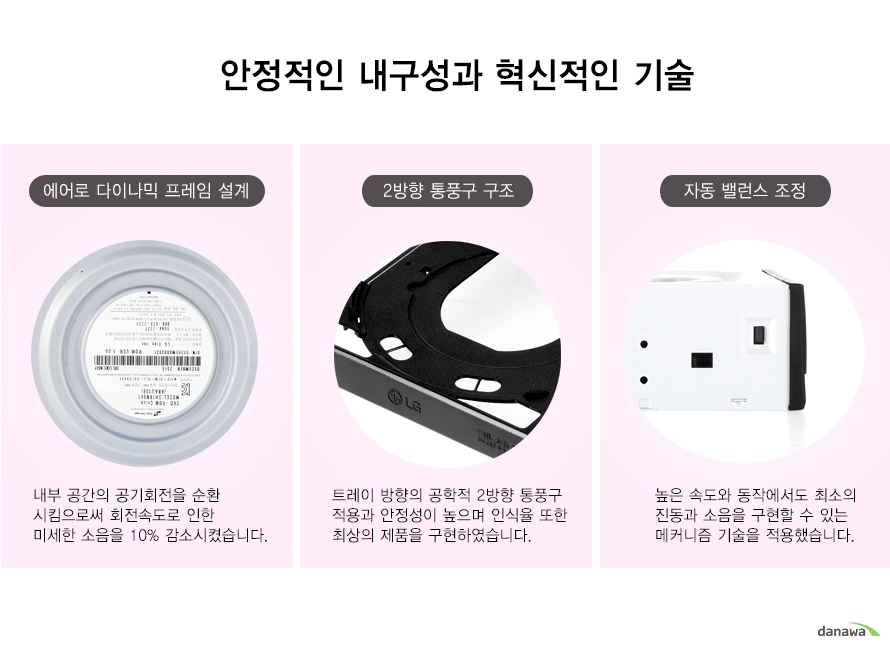 안정적인 내구성과 혁신적인 기술 에어로 다이나믹 프레임 설계 내부 공간의 공기회전을 순환시킴으로써 회전속도로 인한 미세한 소음을 10% 감소시켰습니다.2방향 통풍구 구조 트레이 방향의 공학적 2방향 통풍구적용과 안정성이 높으며 인식율 또한 최상의 제품을 구현하였습니다. 자동 밸런스 조정 높은 속도와 동작에서도 최소의 진동과 소음을 구현할 수 있는메커니즘 기술을 적용했습니다.