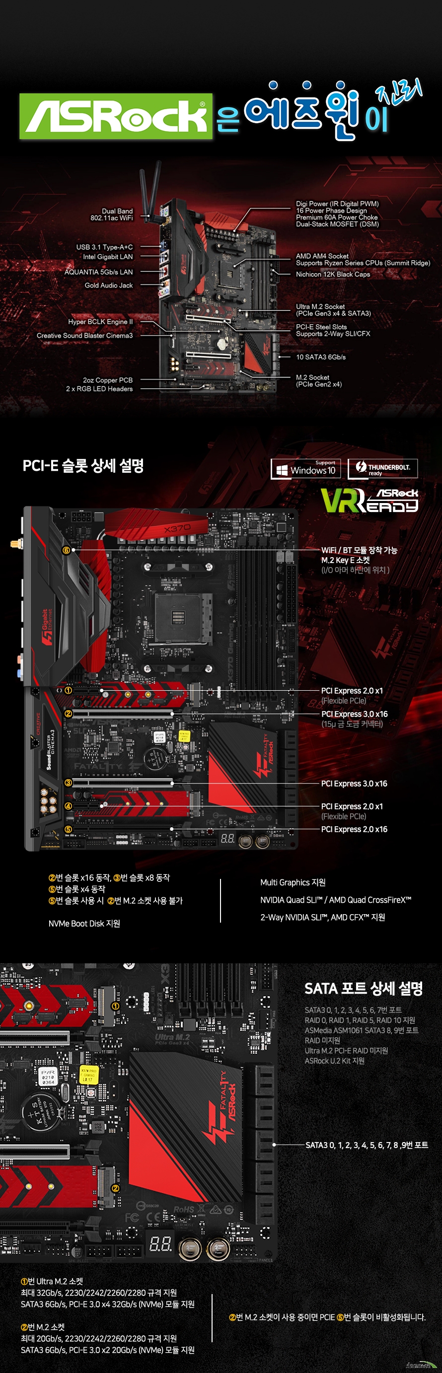PCI-E 슬롯 상세 설명2번 슬롯 x16 동작, 3번 슬롯 x8 동작5번 슬롯 x4 동작 5번 슬롯 사용 시  2번 M.2 소켓 사용 불가NVMe Boot Disk 지원Multi Graphics 지원NVIDIA Quad SLI / AMD Quad CrossFireX2-Way NVIDIA SLI, AMD CFX 지원SATA 포트 상세 설명SATA3 0, 1, 2, 3, 4, 5, 6, 7번 포트RAID 0, RAID 1, RAID 5, RAID 10 지원ASMedia ASM1061 SATA3 8, 9번 포트RAID 미지원Ultra M.2 PCI-E RAID 미지원ASRock U.2 Kit 지원1번 Ultra M.2 소켓최대 32Gb/s, 2230/2242/2260/2280 규격 지원SATA3 6Gb/s, PCI-E 3.0 x4 32Gb/s (NVMe) 모듈 지원2번 M.2 소켓최대 20Gb/s, 2230/2242/2260/2280 규격 지원SATA3 6Gb/s, PCI-E 3.0 x2 20Gb/s (NVMe) 모듈 지원2번 M.2 소켓이 사용 중이면 PCIE 5번 슬롯이 비활성화됩니다. 