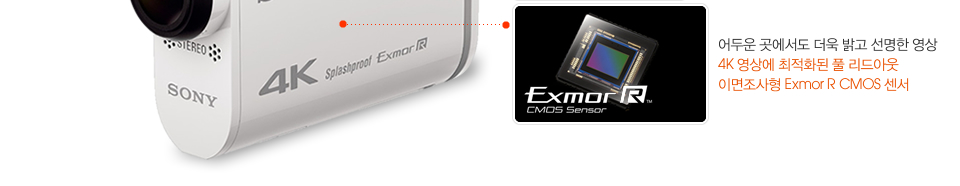 어두운 곳에서도 더욱 밝고 선명한 영상 4K 영상에 최적화된 풀 리드아웃 이면조사형 Exmor R CMOS 센서