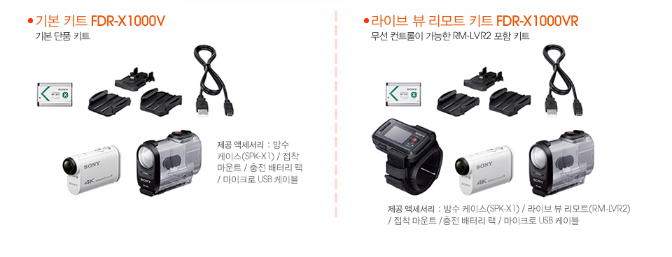 기본 키트 FDR-X1000V(기본 단품 키트): 제공 액세서리 : 방수 케이스(SPK-X1) / 접착 마운트 / 충전 배터리 팩 / 마이크로 USB 케이블/ 라이브 뷰 리모트 키트 FDR-X1000VR(무선 컨트롤이 가능한 RM-LVR2 포함 키트) : 제공 액세서리 : 방수 케이스(SPK-X1) / 라이브 뷰 리모트(RM-LVR2) / 접착 마운트 /충전 배터리 팩 / 마이크로 USB 케이블