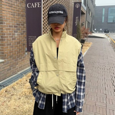 여자 봄베스트 하이넥 스트링 바스락 버튼 야상 조끼 WJK25104_연두 free