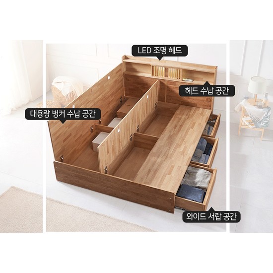 파로마 이즈 우든 원목 수납 LED침대 Q (본넬스프링)_이미지