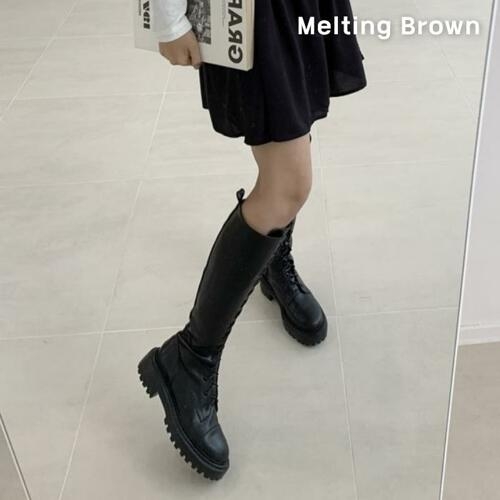  멜팅브라운 여성 레이스업 롱부츠 통굽 워커 부츠 5cm 7324159