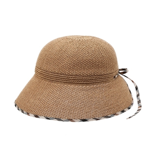 LF 닥스 여성 체크배색 브라운 라피아 플로피햇_DBHE5E147W3