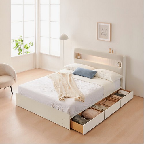 동서가구 클라우드 아쿠아패브릭 1단 3서랍 수납 LED침대 Q (양면본넬스프링)_이미지